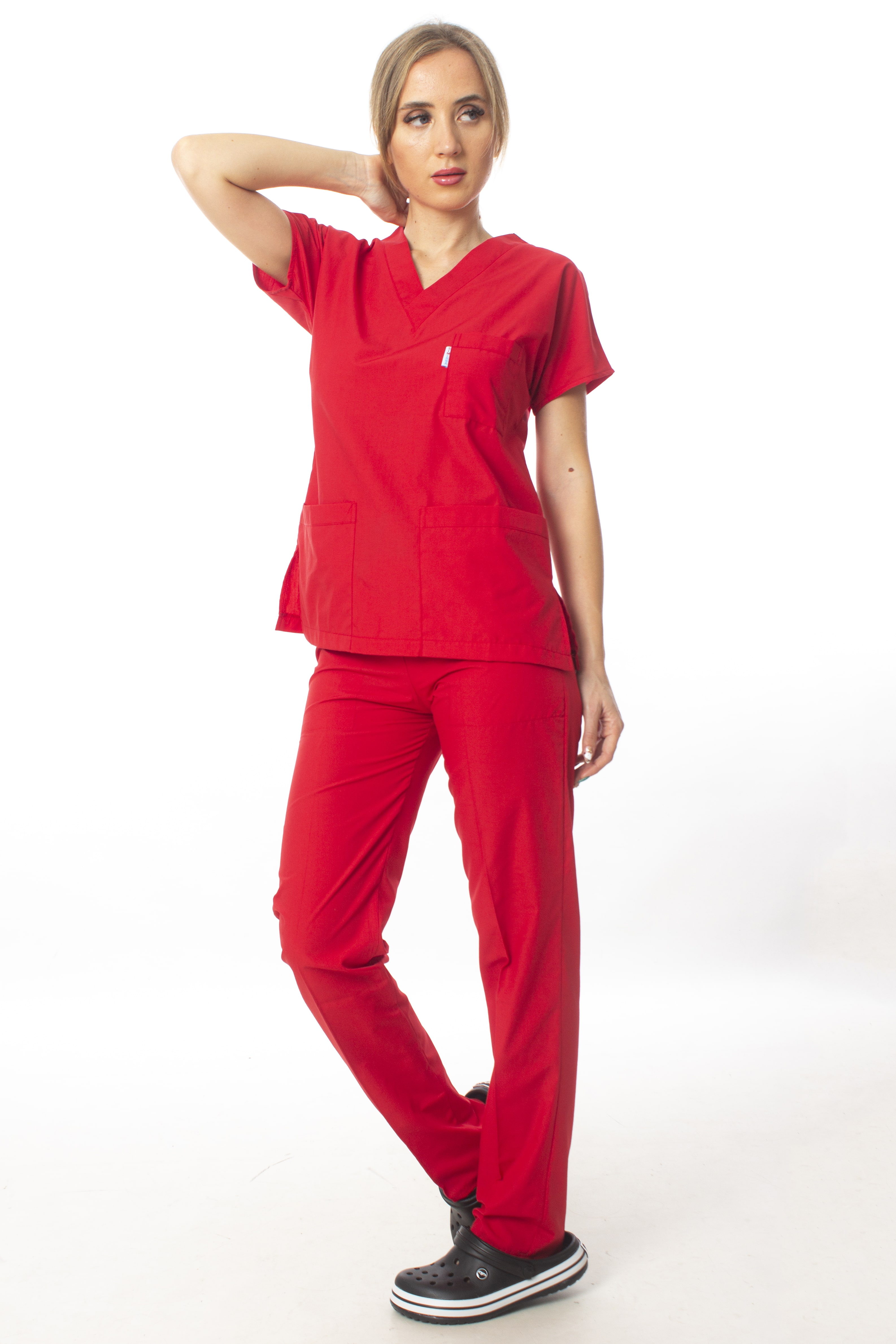 Kırmızı Cerrahi Doktor Hemşire Scrubs Forma Takım