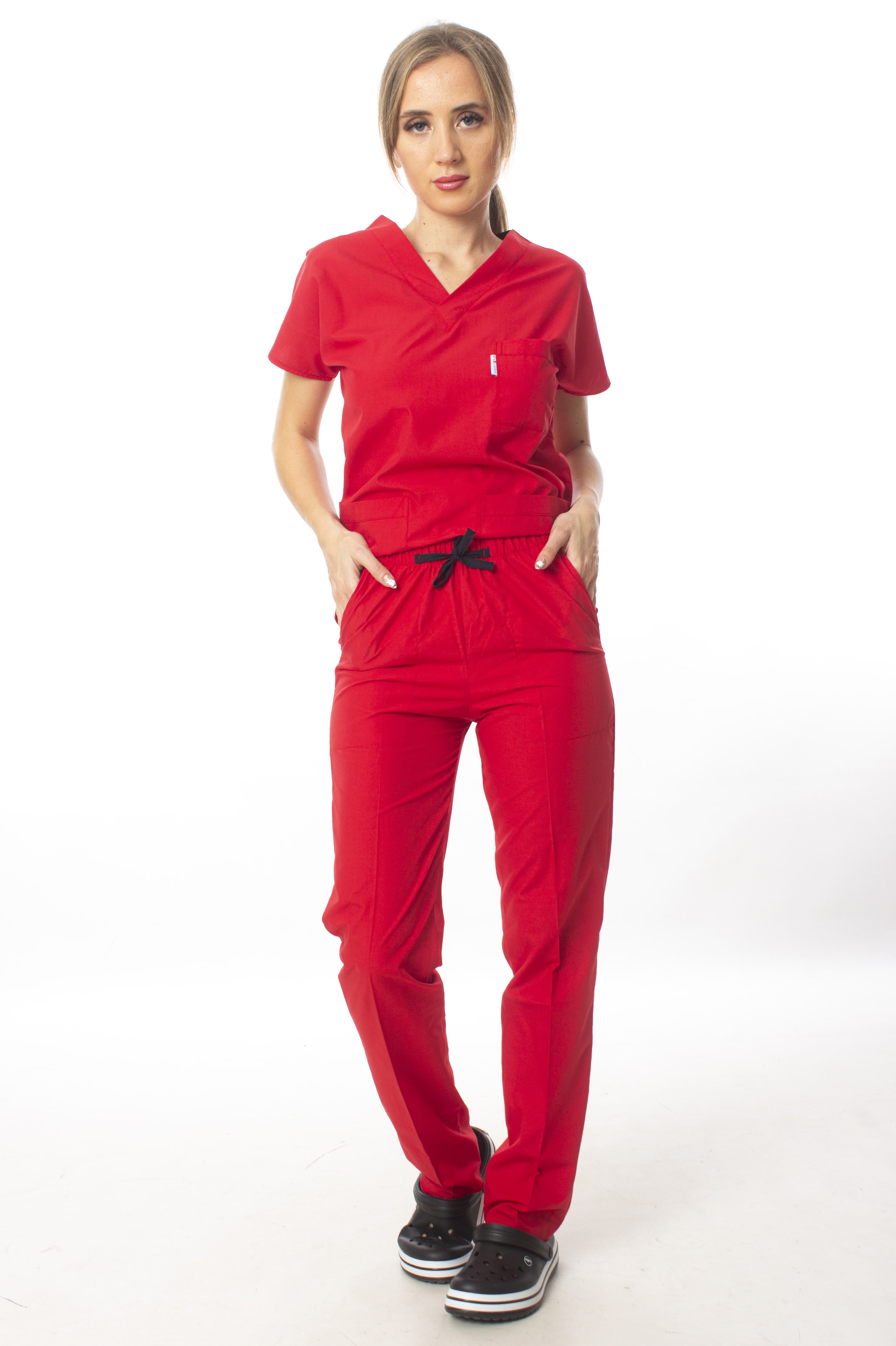 Kırmızı Cerrahi Doktor Hemşire Scrubs Forma Takım