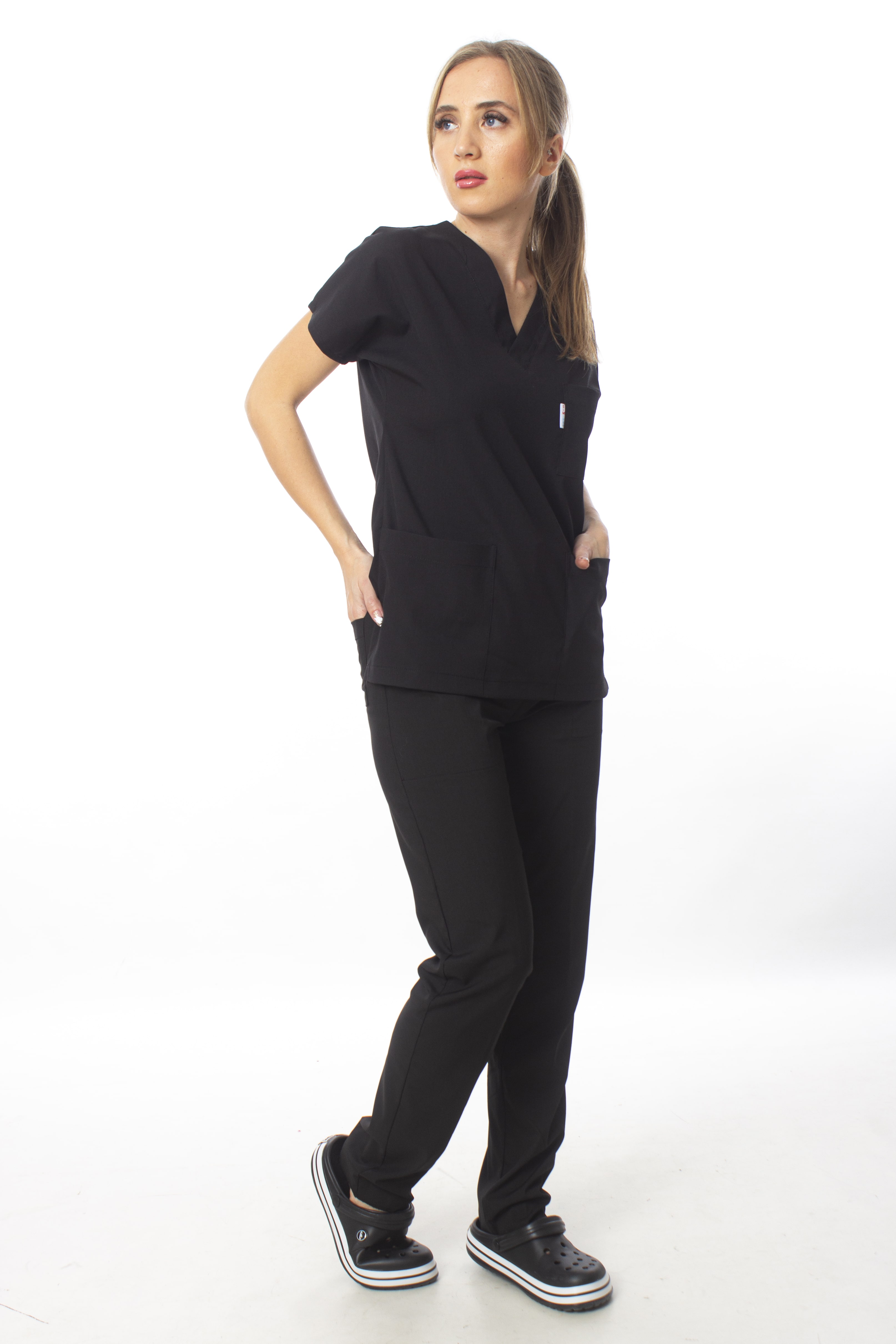 Premium Kumaş Likralı Cerrahi Doktor Hemşire Siyah Forma Takım
