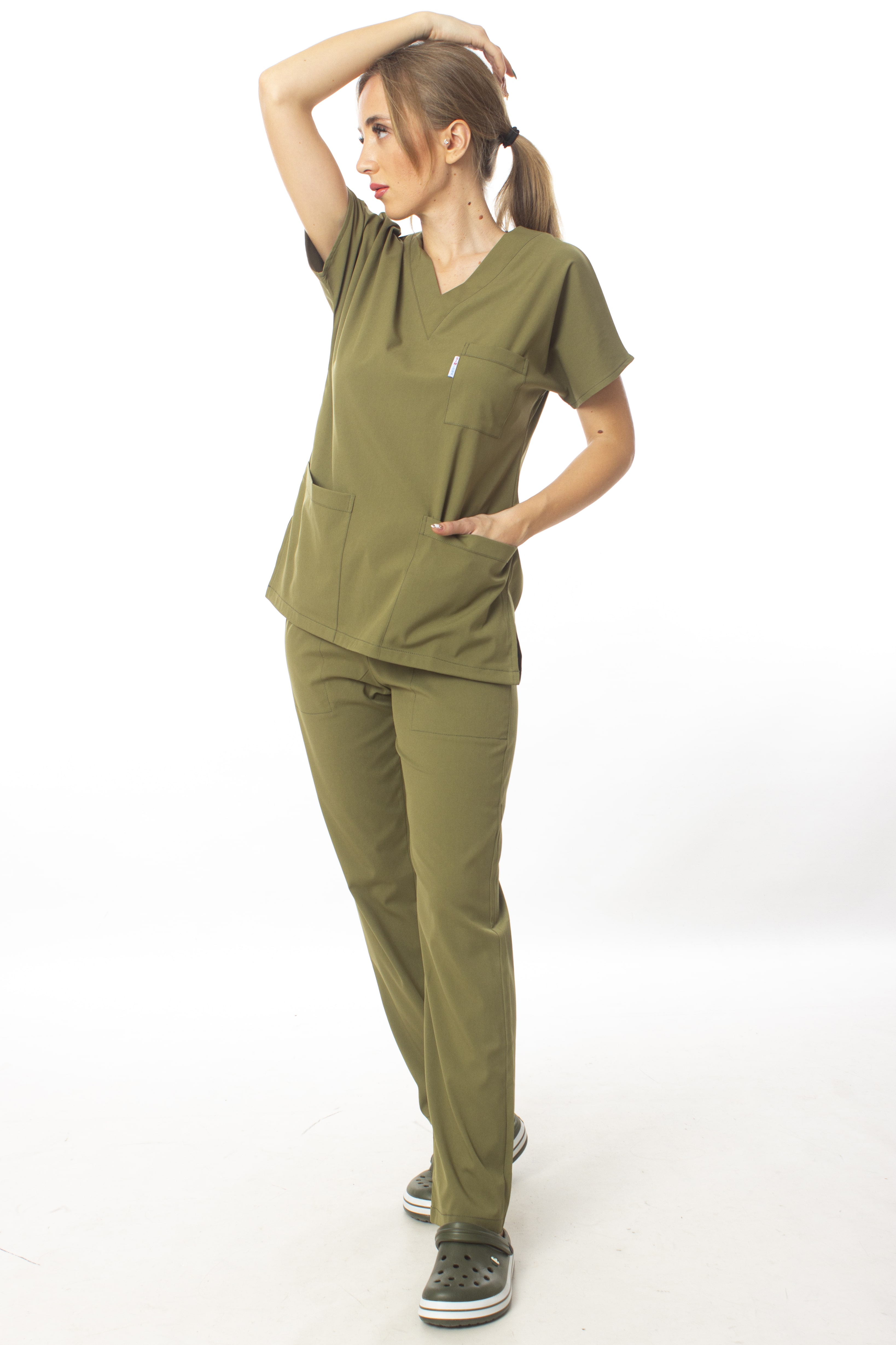 Premium Kumaş Likralı Cerrahi Doktor Hemşire Haki Yeşili Forma Takım
