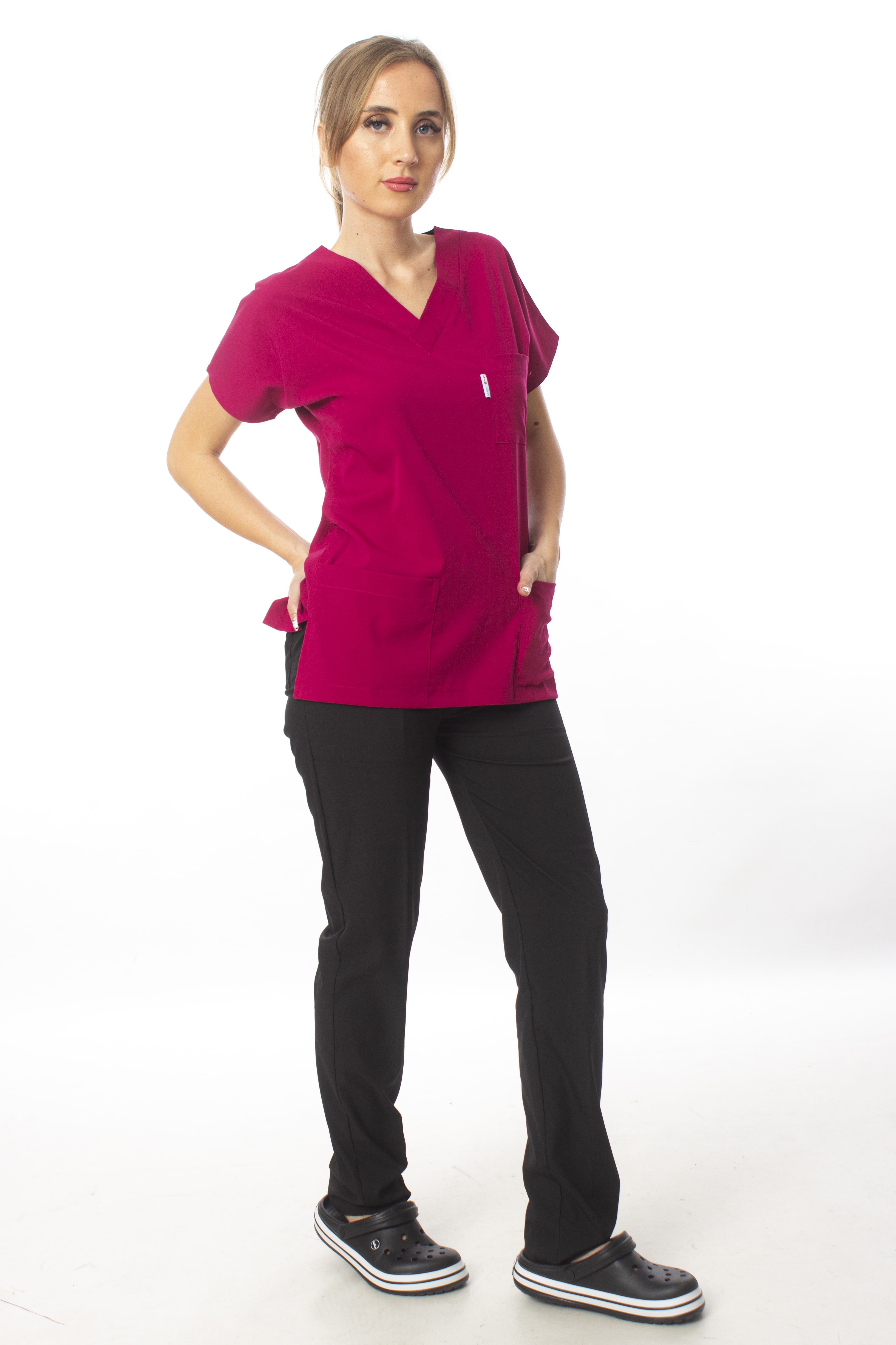Premium Kumaş Likralı Cerrahi Doktor Hemşire Üst Vişne Çürüğü Alt Siyah Forma Takım