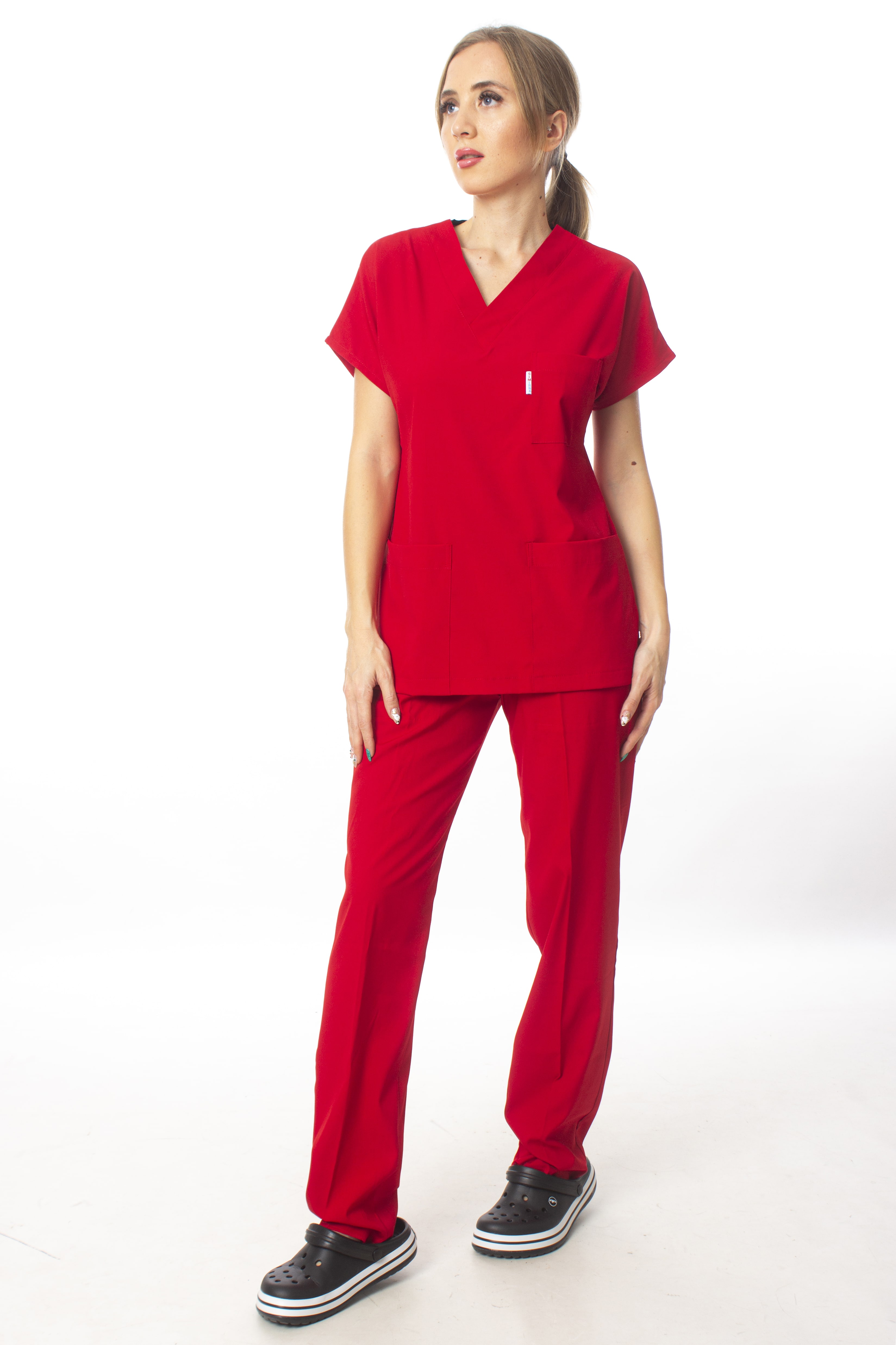 Soft Likralı Kumaş Cerrahi Doktor Hemşire Kırmızı Forma Takım
