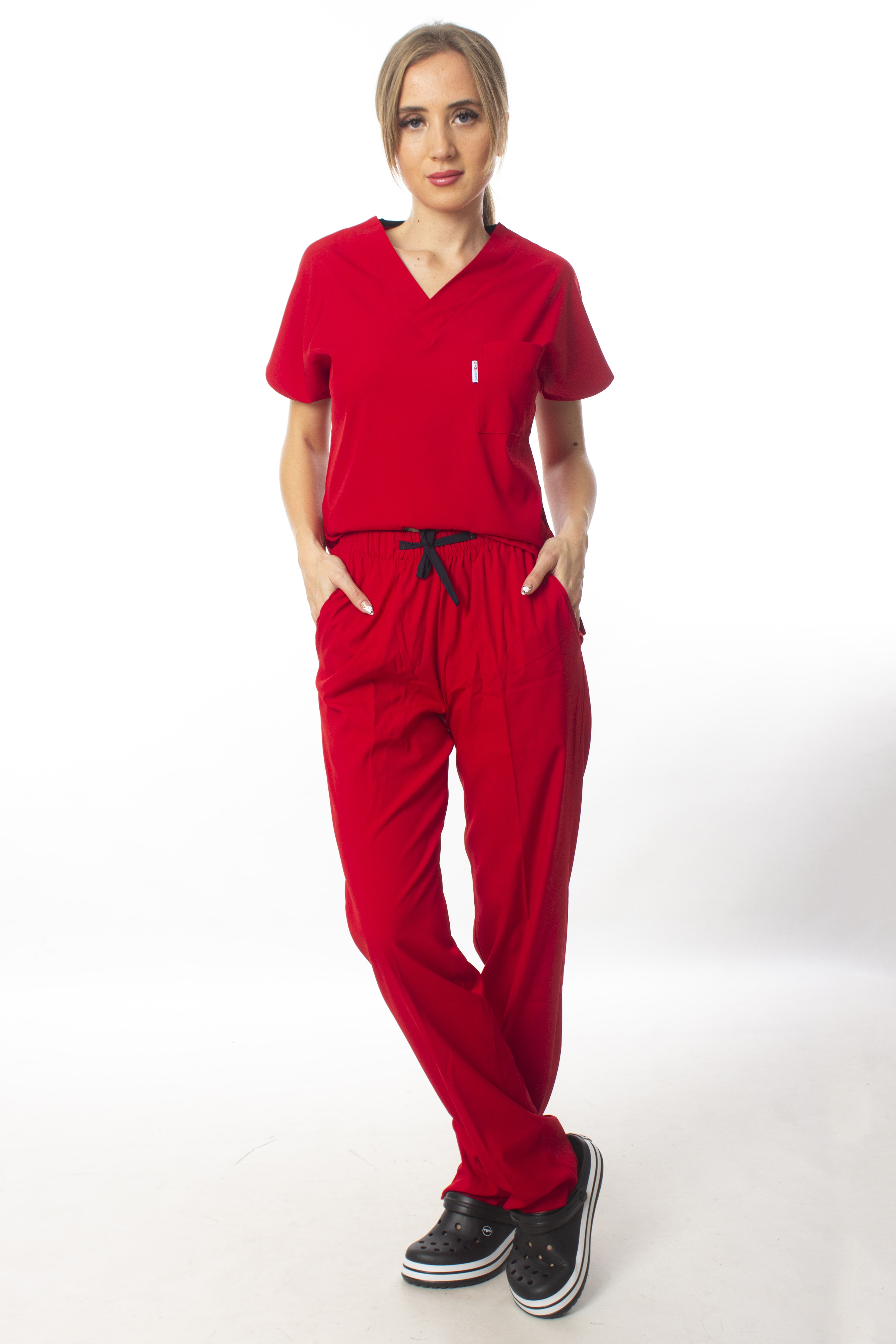 Soft Likralı Kumaş Cerrahi Doktor Hemşire Kırmızı Forma Takım