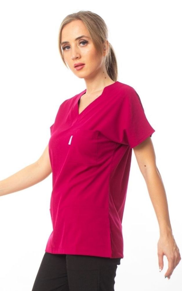 Premium Kumaş Likralı Cerrahi Doktor Hemşire Scrubs Vişne Çürüğü Forma Tek Üst