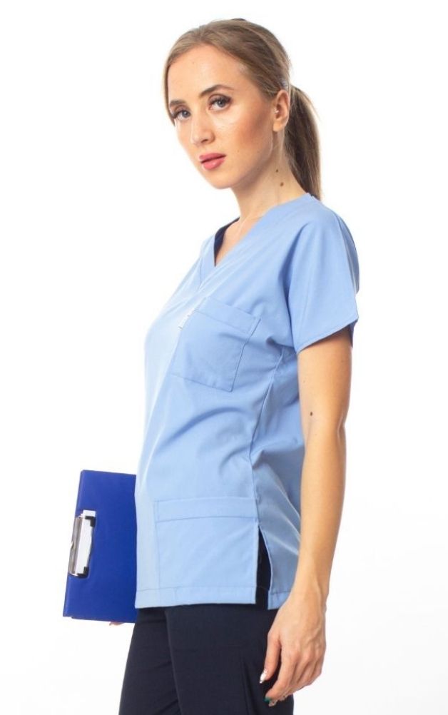 Premium Kumaş Likralı Cerrahi Doktor Hemşire Scrubs Açık Mavi Forma Tek Üst