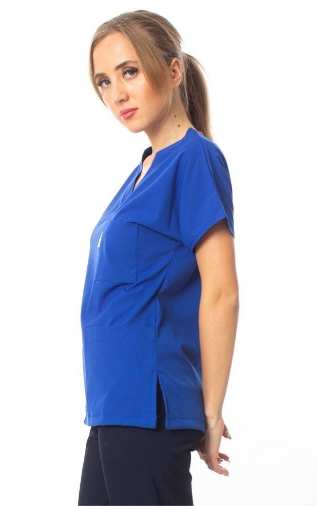 Premium Kumaş Likralı Cerrahi Doktor Hemşire Scrubs Saks Mavisi Forma Tek Üst