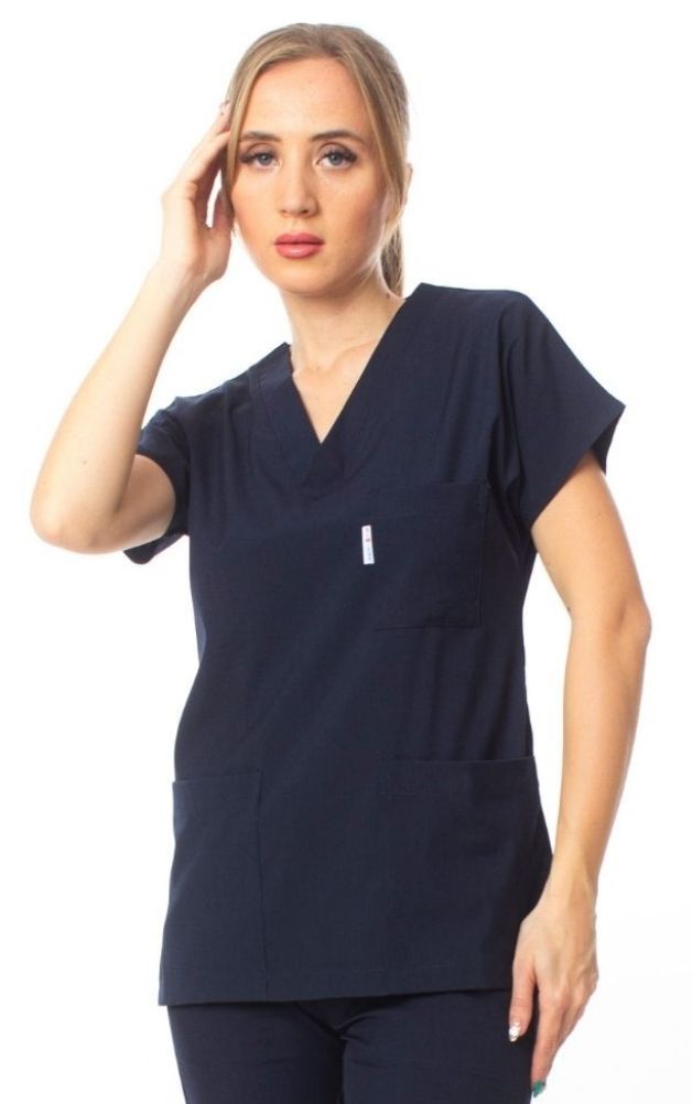 Premium Kumaş Likralı Cerrahi Doktor Hemşire Scrubs Lacivert Forma Tek Üst