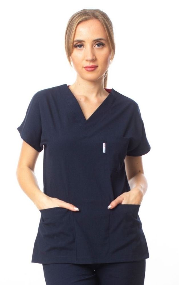 Premium Kumaş Likralı Cerrahi Doktor Hemşire Scrubs Lacivert Forma Tek Üst