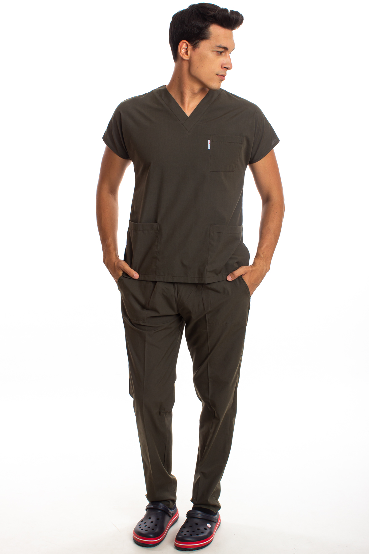Haki Yeşili Erkek Cerrahi Doktor Hemşire Scrubs Forma Takım