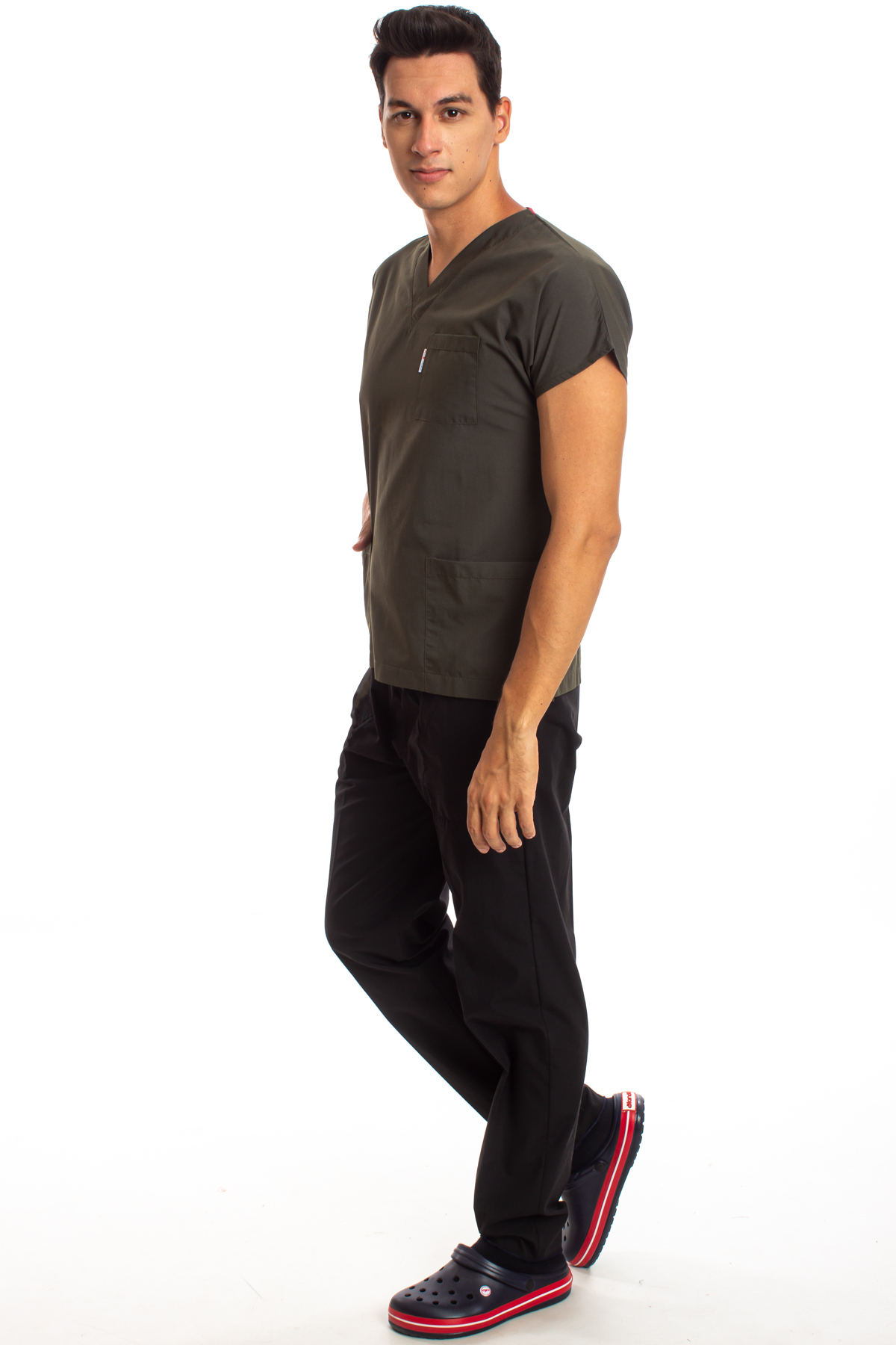 Üst Haki Yeşili Alt Siyah Erkek Cerrahi Doktor Hemşire Scrubs Forma Takım