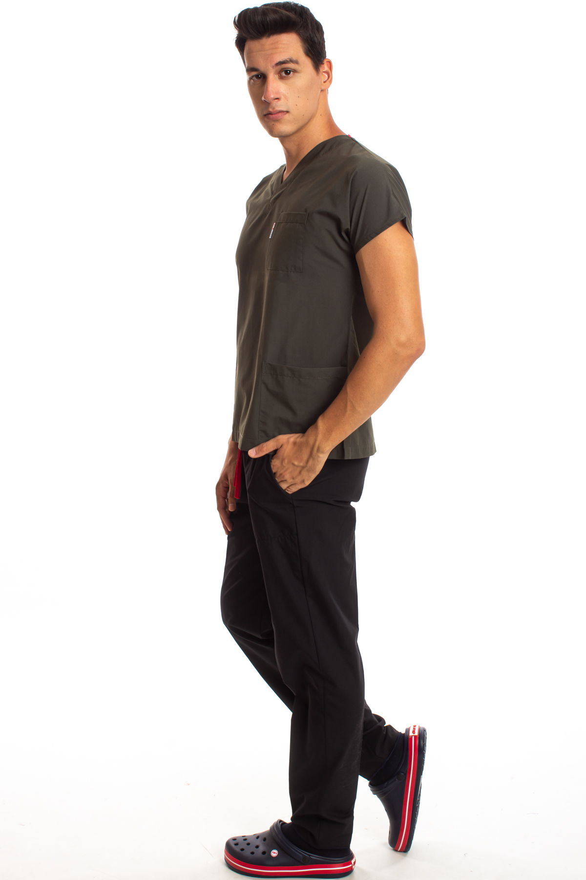 Üst Haki Yeşili Alt Siyah Erkek Cerrahi Doktor Hemşire Scrubs Forma Takım