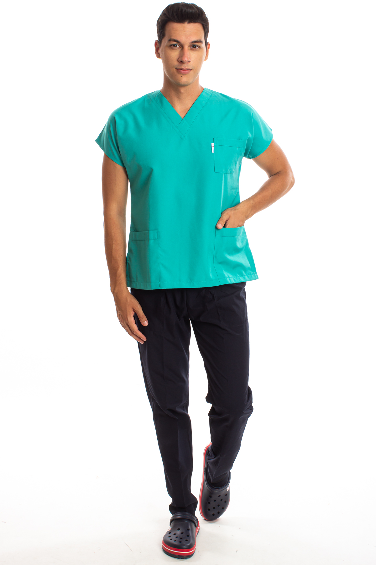 Alpaka Üst Benetton Yeşili Alt Lacivert Erkek Cerrahi Doktor Hemşire Scrubs Forma Takım