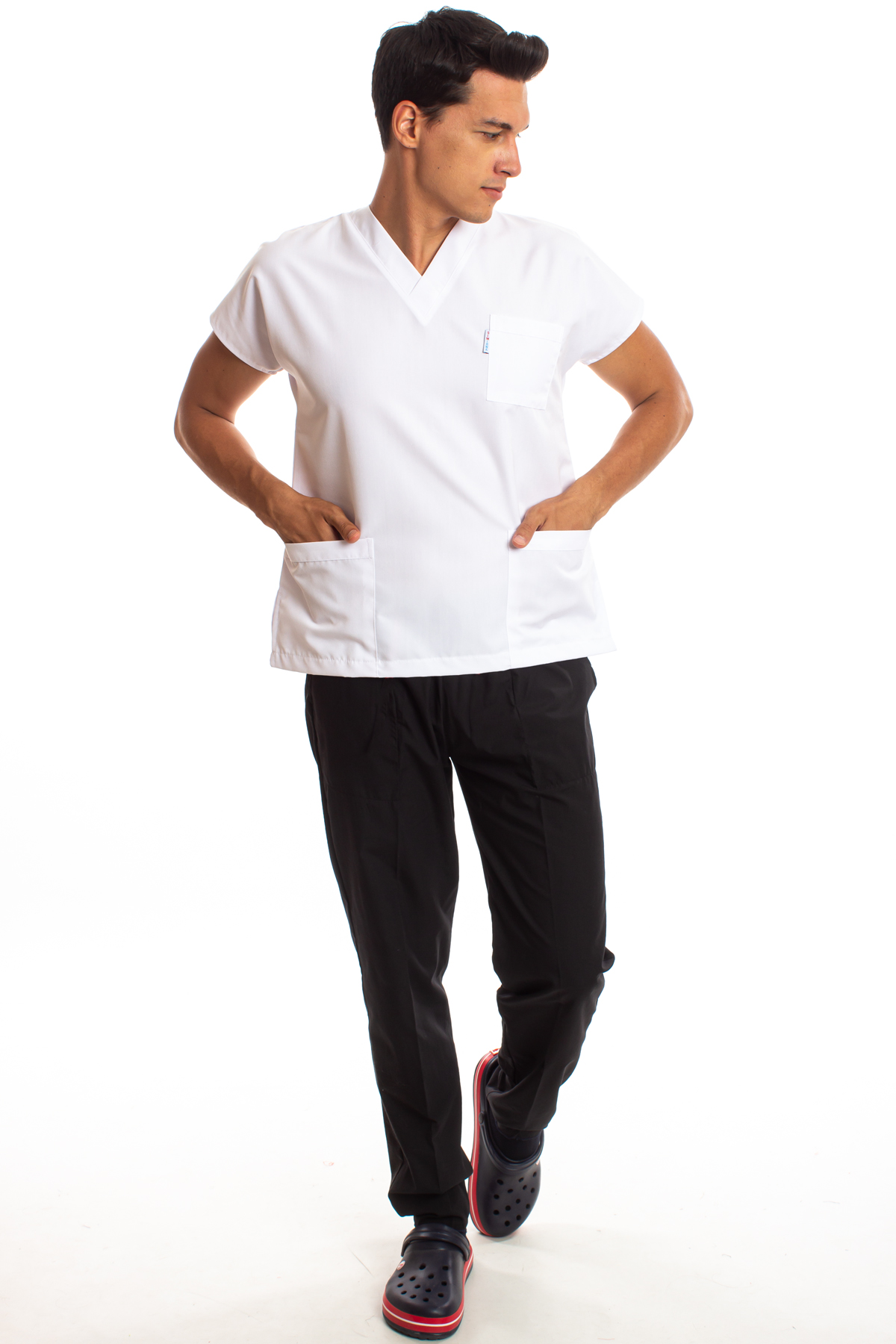 Alpaka Üst Beyaz Alt Siyah Erkek Cerrahi Doktor Hemşire Scrubs Forma Takım