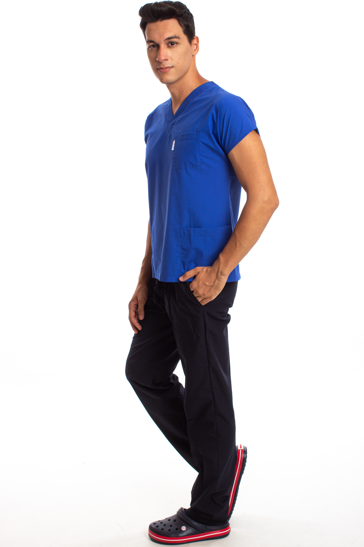 Üst Saks Mavisi Alt Lacivert Erkek Cerrahi Doktor Hemşire Scrubs Forma Takım