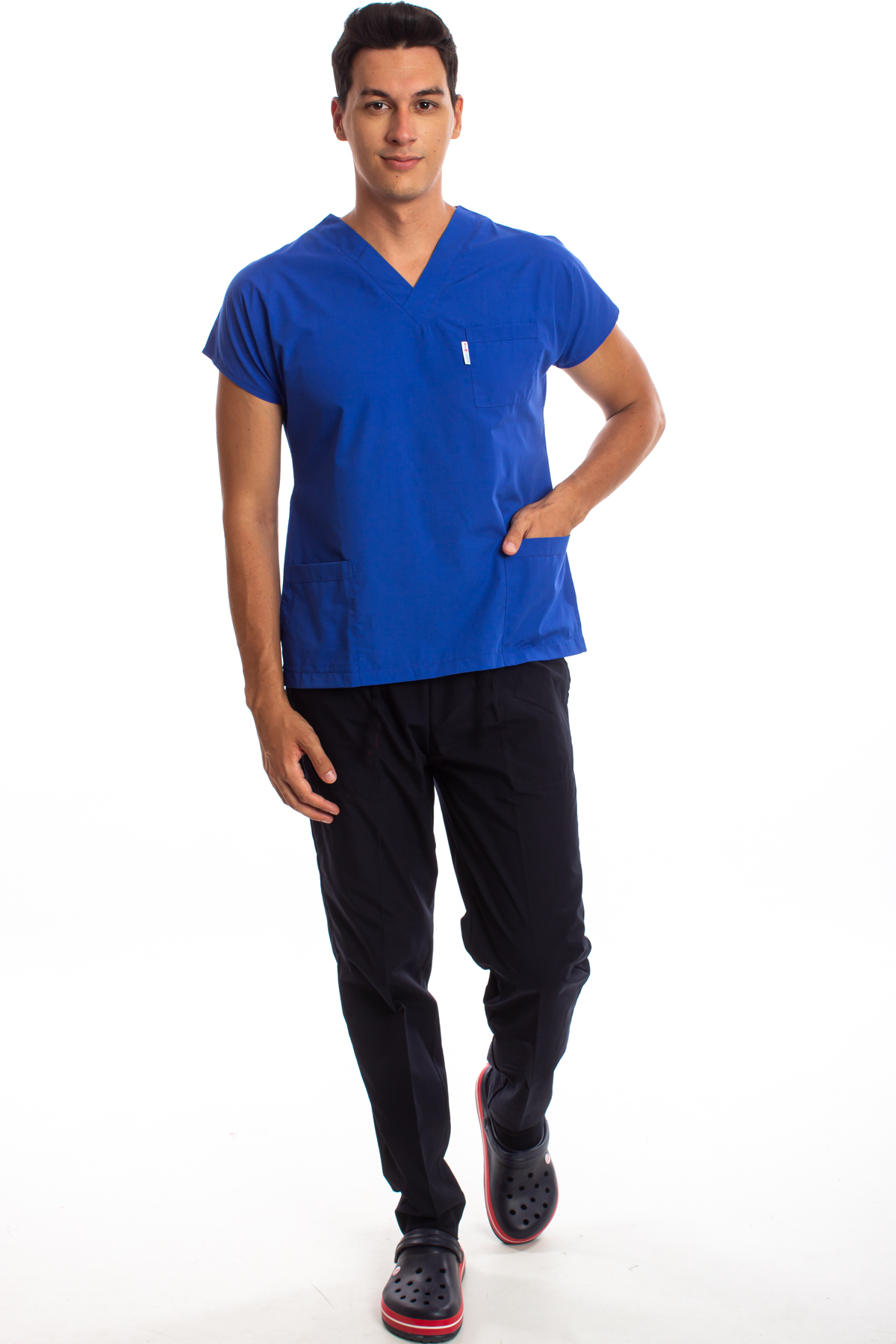 Üst Saks Mavisi Alt Lacivert Erkek Cerrahi Doktor Hemşire Scrubs Forma Takım