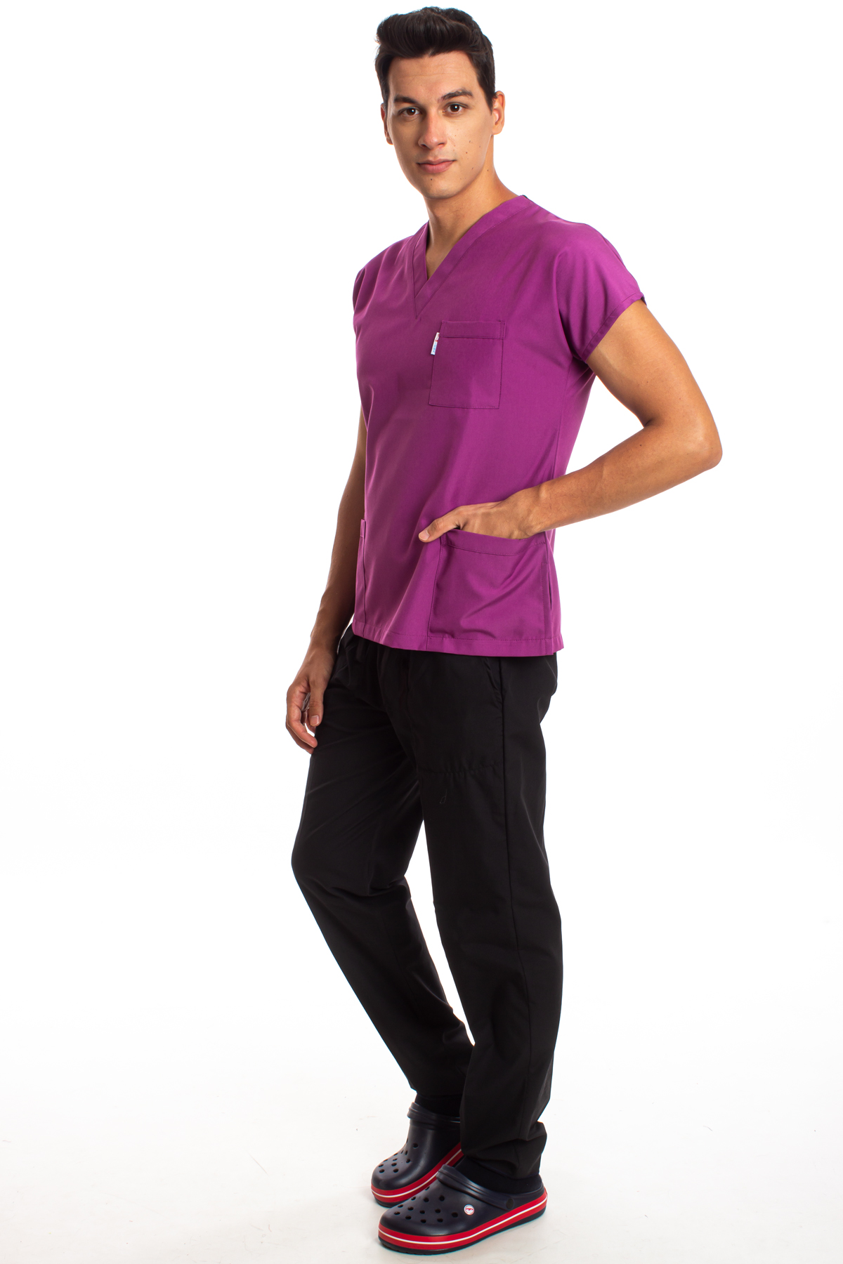 Alpaka Üst Eflatun Alt Siyah Erkek Cerrahi Doktor Hemşire Scrubs Forma Takım