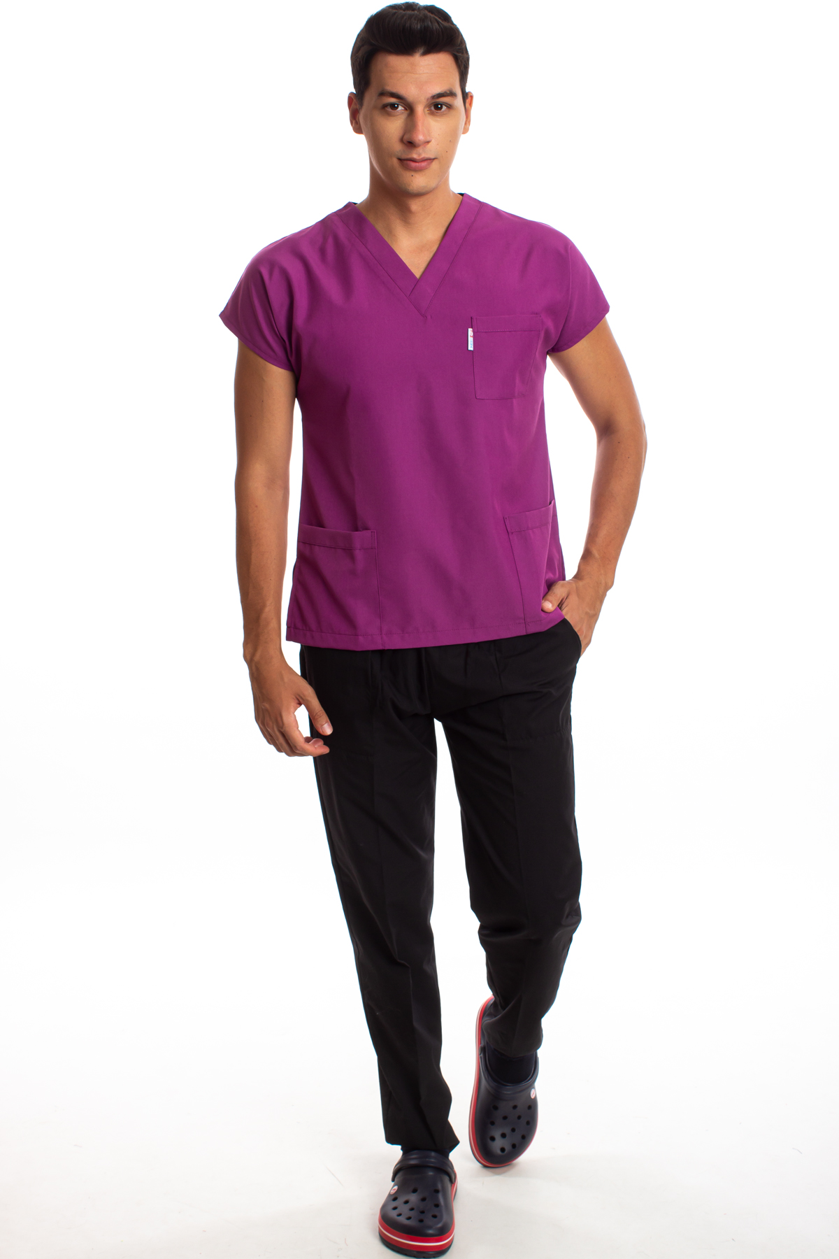 Alpaka Üst Eflatun Alt Siyah Erkek Cerrahi Doktor Hemşire Scrubs Forma Takım