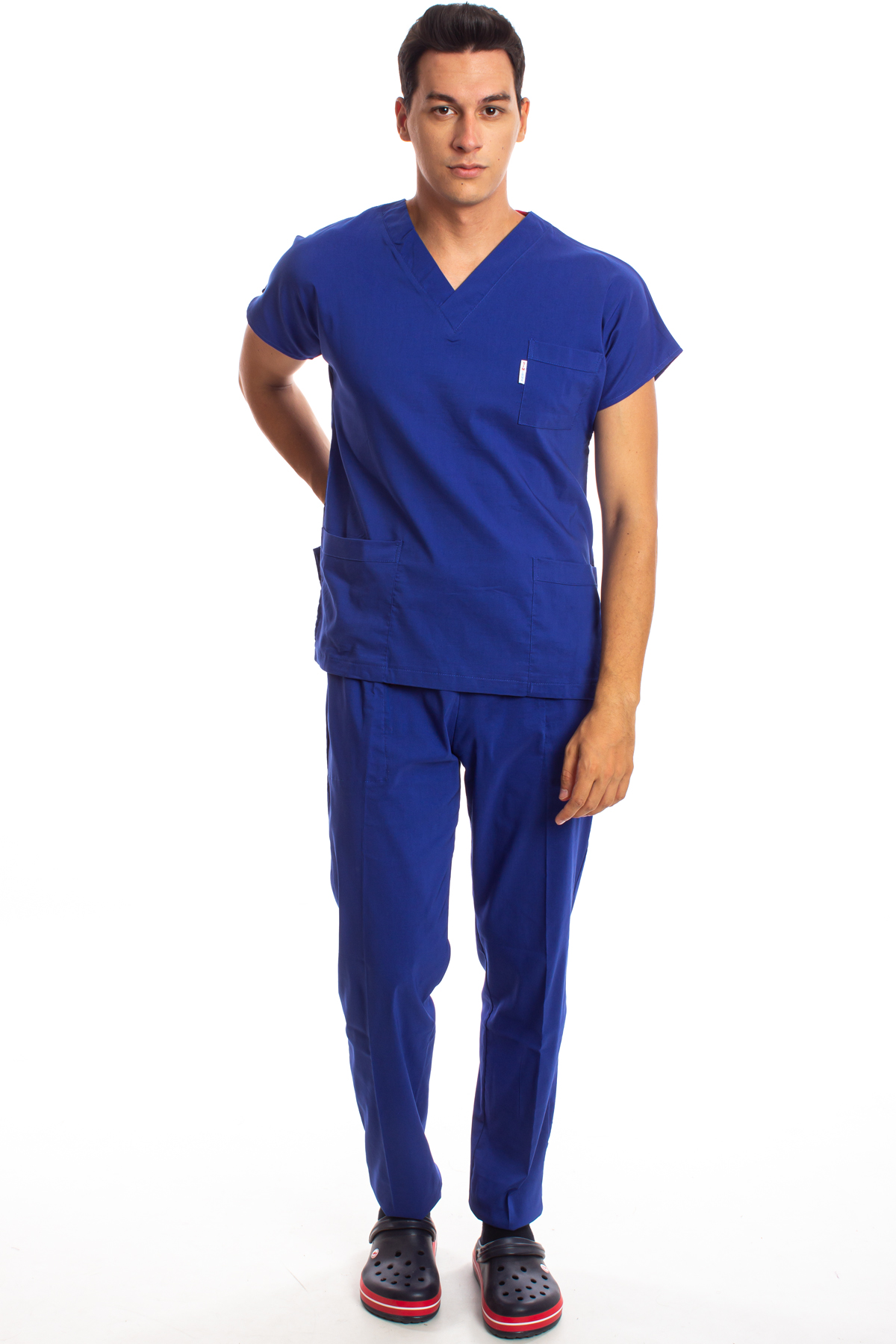 Premium Likralı Kumaş Erkek Cerrahi Doktor Hemşire Saks Mavisi Forma Takım