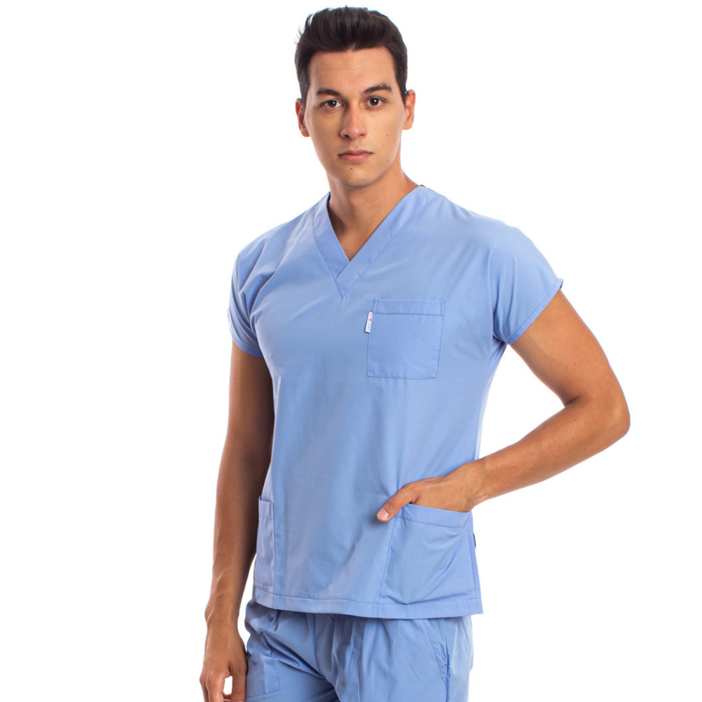 Açık Mavi Erkek Cerrahi Doktor Hemşire Scrubs Forma Üst