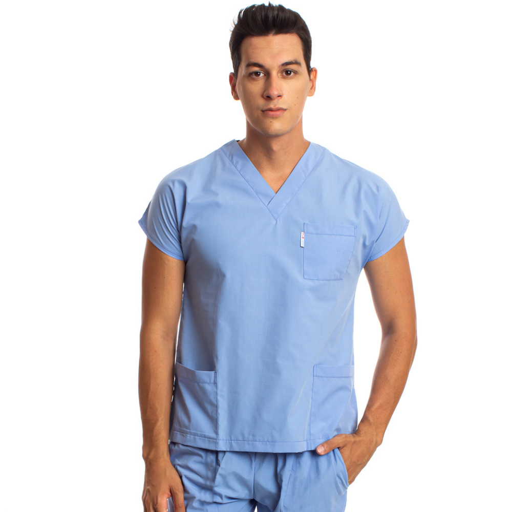 Açık Mavi Erkek Cerrahi Doktor Hemşire Scrubs Forma Üst