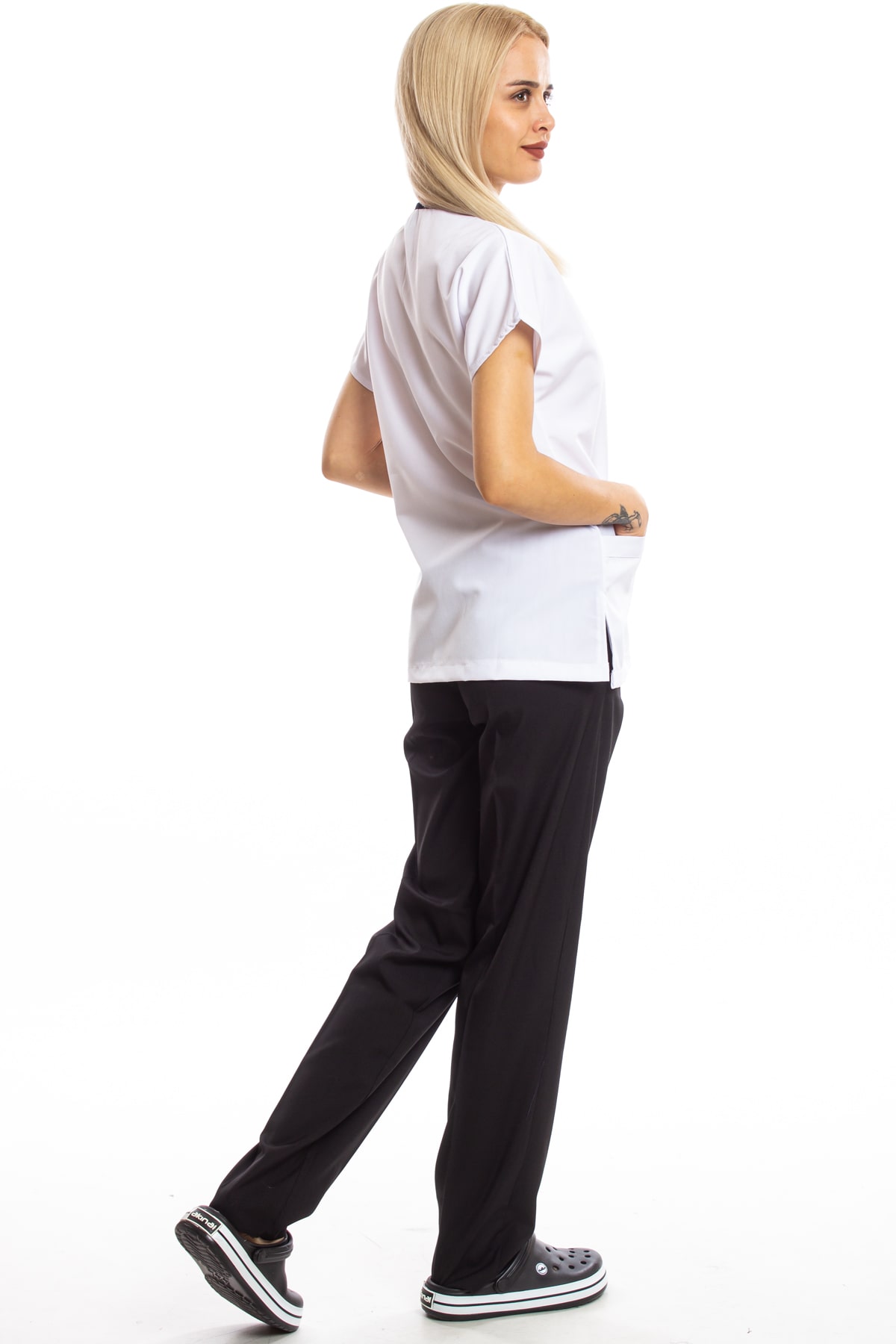 Alpaka Üst Beyaz Alt Siyah Cerrahi Doktor Hemşire Scrubs Forma Takım