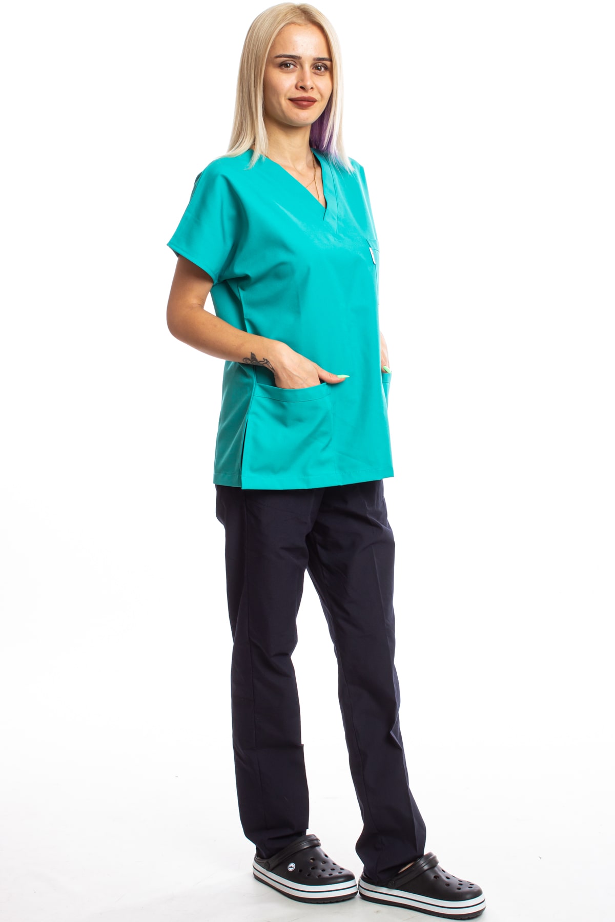 Alpaka Üst Benetton Yeşili Alt Lacivert Cerrahi Doktor Hemşire Scrubs Forma Takım