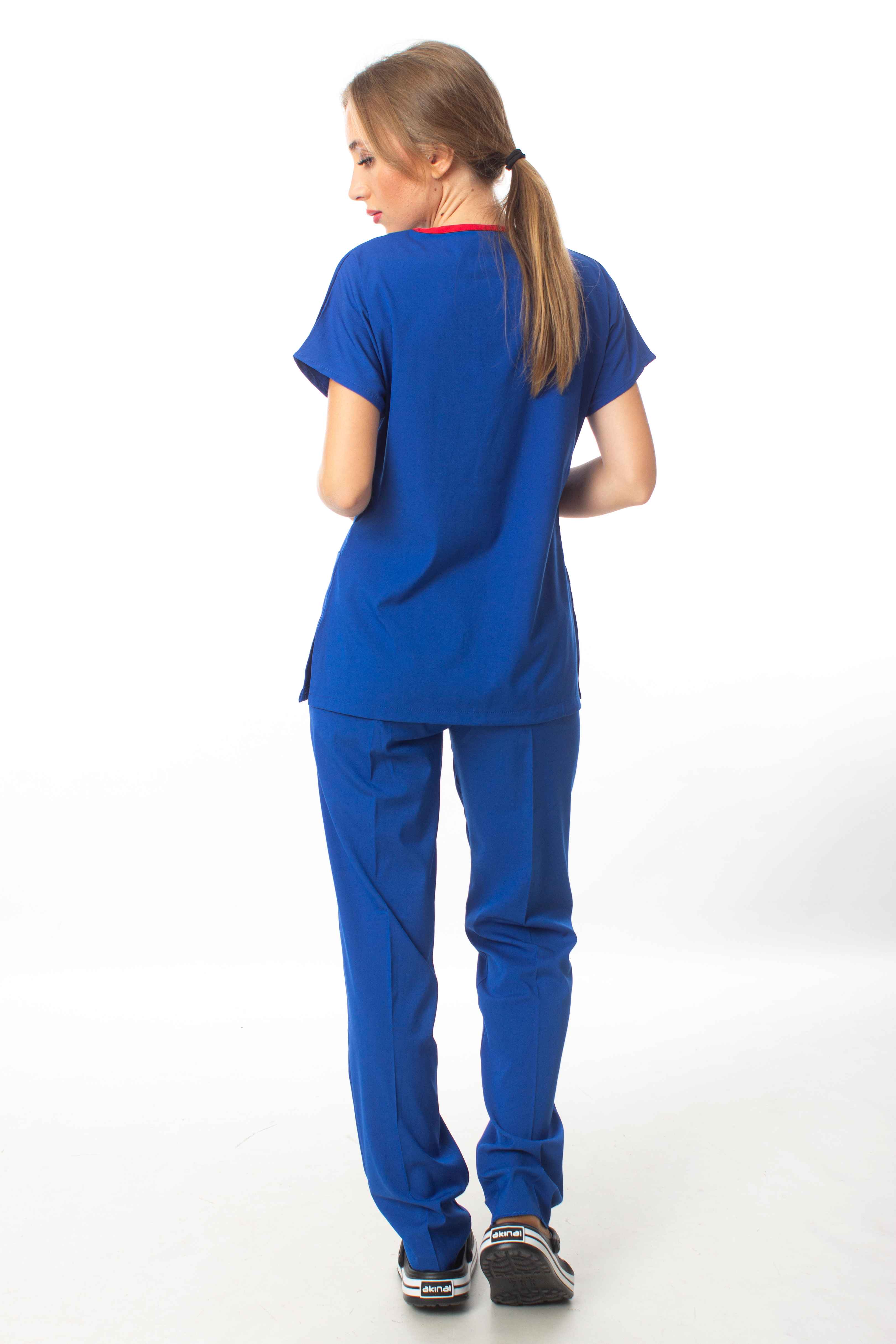 Premium Kumaş Likralı Kumaş Cerrahi Doktor Hemşire Saks Mavisi Forma Takım
