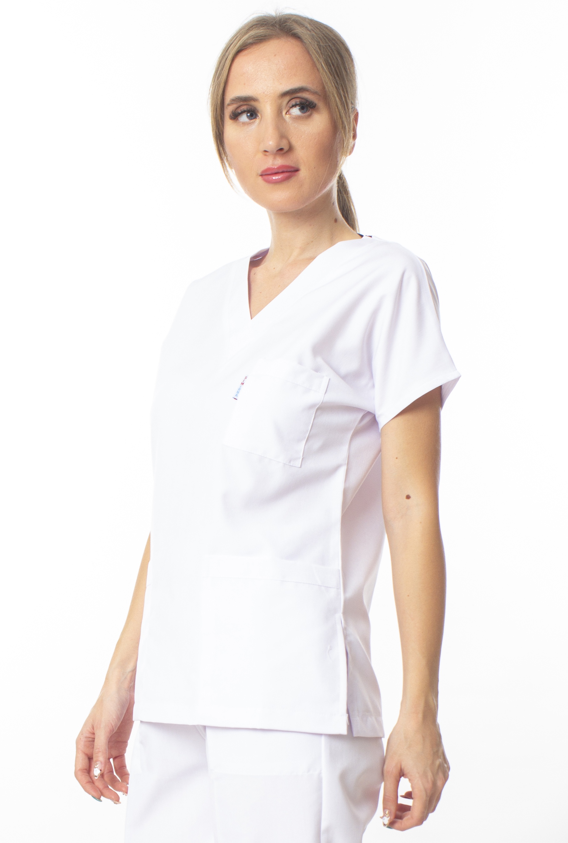 Premium Kumaş Likralı Cerrahi Doktor Hemşire Scrubs Beyaz Forma Tek Üst