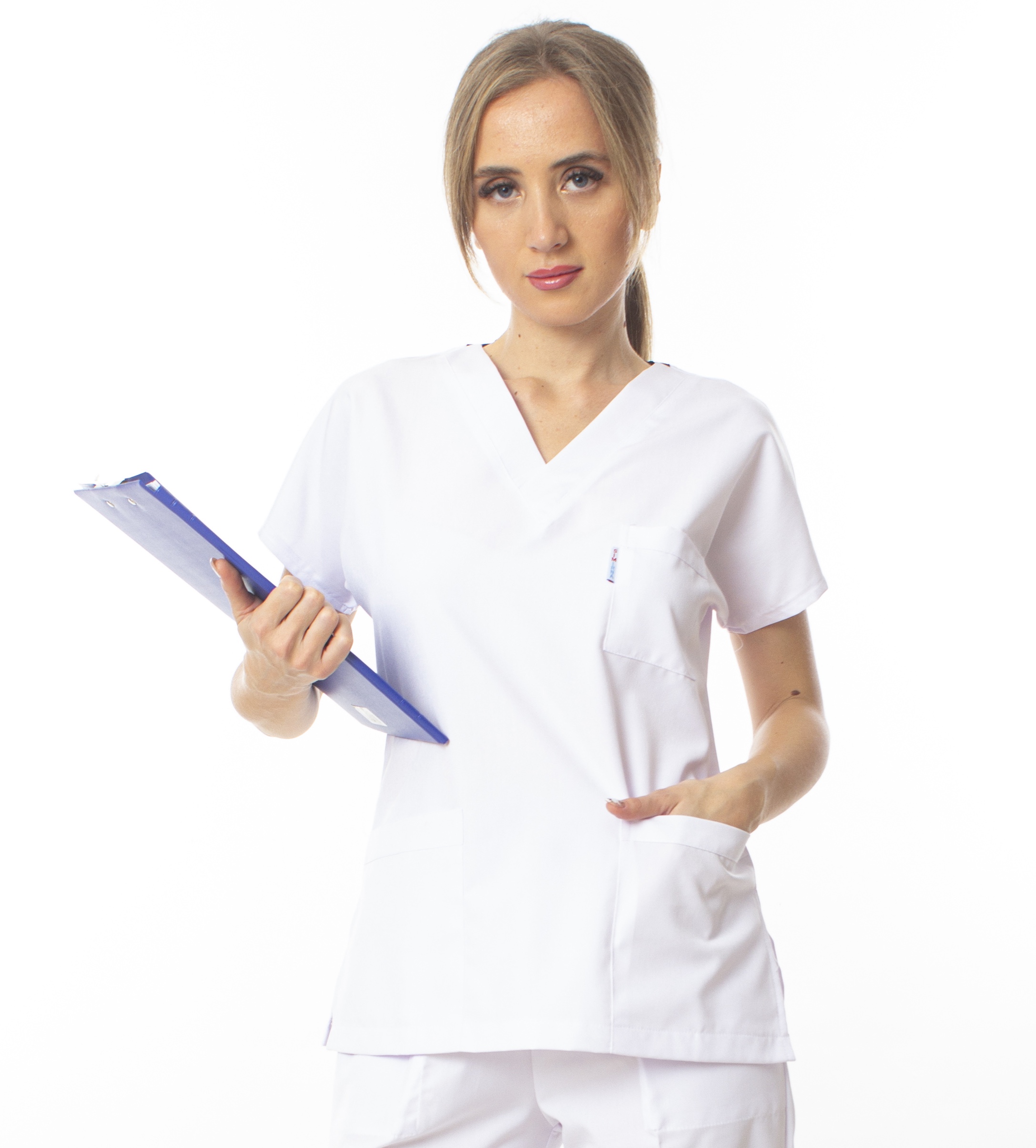 Premium Kumaş Likralı Cerrahi Doktor Hemşire Scrubs Beyaz Forma Tek Üst