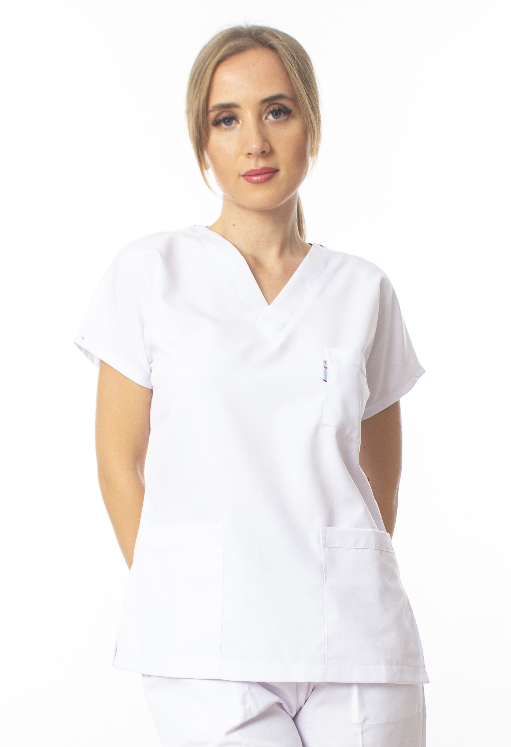 Premium Kumaş Likralı Cerrahi Doktor Hemşire Scrubs Beyaz Forma Tek Üst